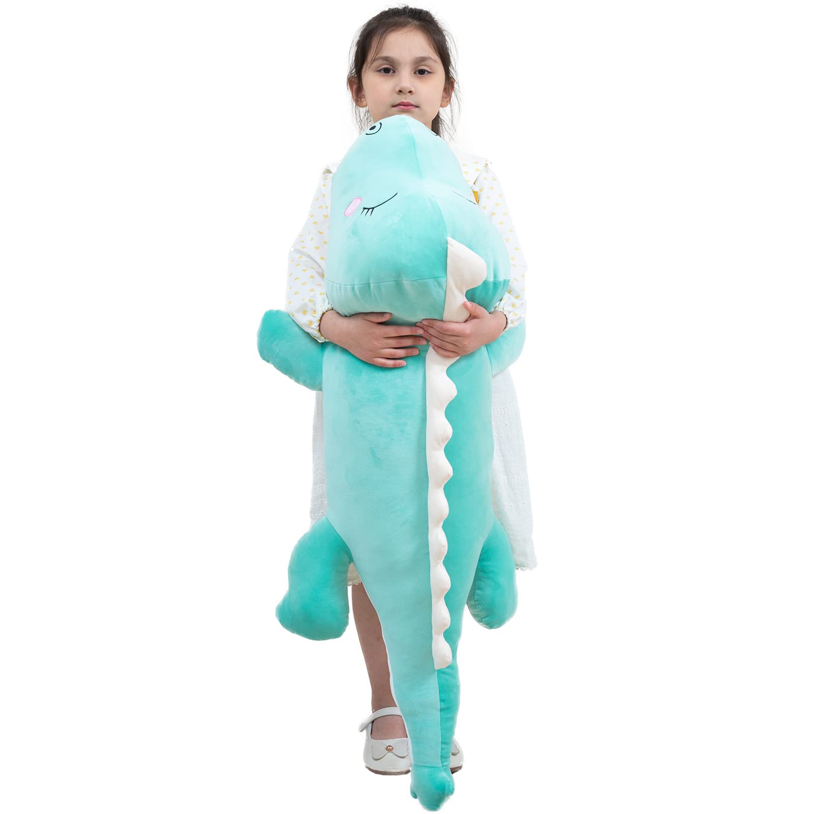 Aiuidun Dinosaur Plush Toy Soft Big Dino Stuffed Animals Body Pillow,Cute Long Dinosaur Plush Hugging Pillow Lumbar Back Cushion Toys Doll Gifts for Kids (Green - Happy, 100cm/39.3inch)