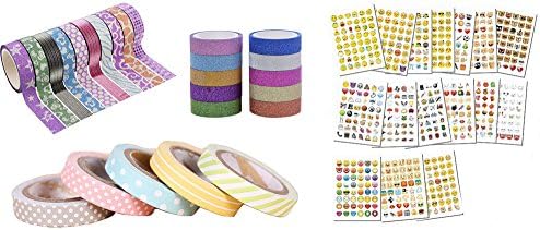 Washi Tape Emoji Stickers Bundle - 25 Rolls of Glitter Dot and Stripe Adhesive Tapes - 16 Sheets Of Over 768 Cute Emoji Stickers