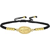 GAUEIOUR Adjustable Sliding Virgin Mary Medal Bracelet, Black Braided Rope Catholic Religious Guardian Jewelry, Stainless Steel Gold Pendant Baptism Easter Birthday Holy Communion Jewelry Accessory