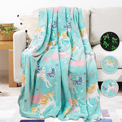 YOSHOOT Blanket Glow in The Dark, Unicorn Throw Blanket for Girls and