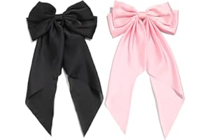 Furling Pompoms Black Oversized Bows Clips for Women, Pink Satin Silky Hair Ribbon Long Tail, French Barrette Hair Clamps Girls Hair Accessories Party Prom Wedding Charm Decor (Pack of 2)