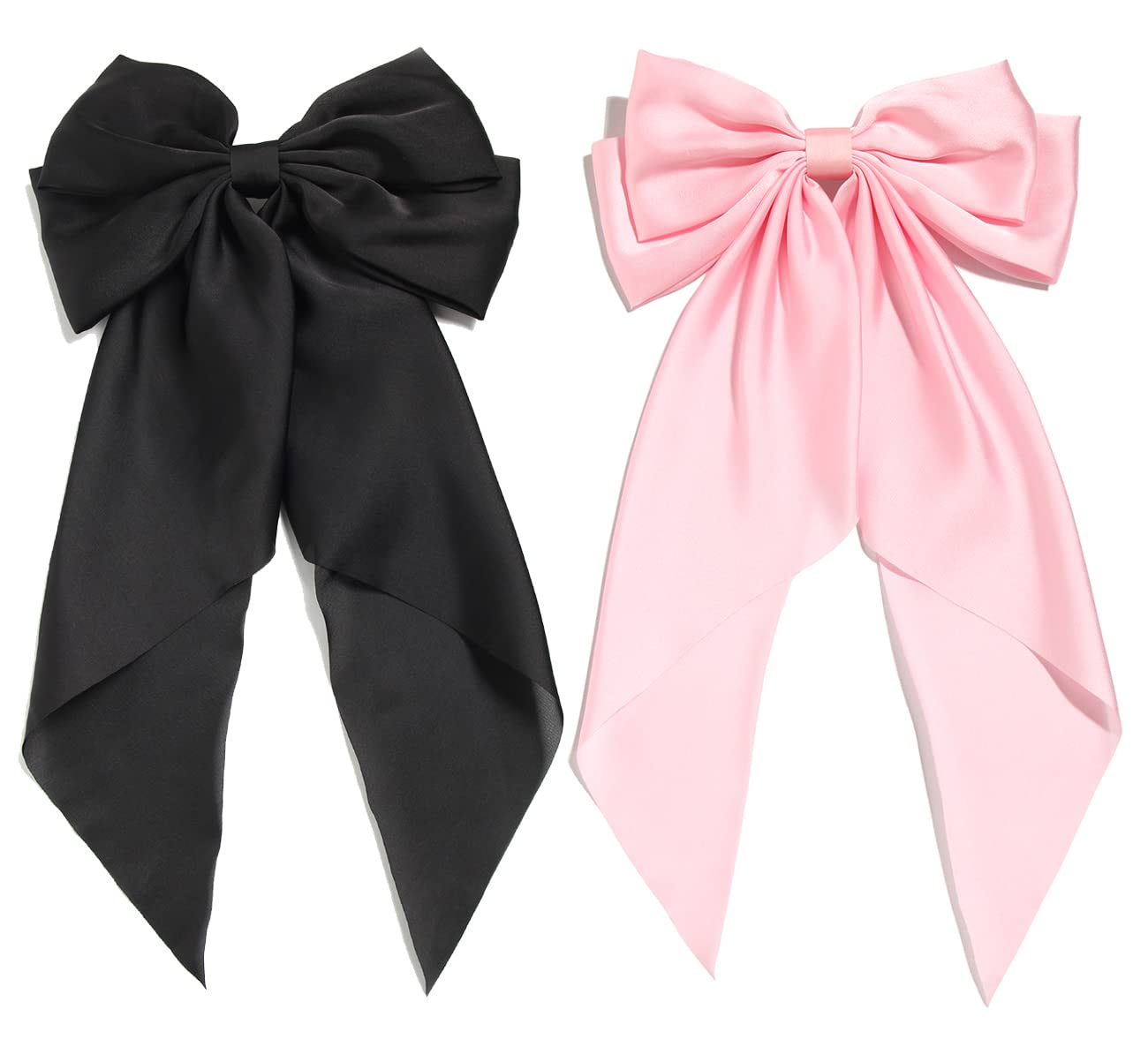 Furling Pompoms Pack of 2 Big Bow Hair Barrette Clips Soft Satin Silky Bowknot with long Tail French Barrette Hair Clip Hair Scrunchie Cute Gifts for Women Girls Black Pink