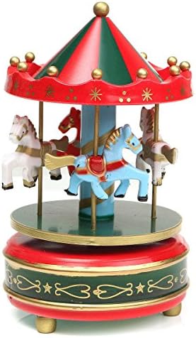 New "GreenRed 1Pc " Wooden + Plastic Merry-Go-Round Carousel Music Box Christmas Birthday Gift Toy Set46