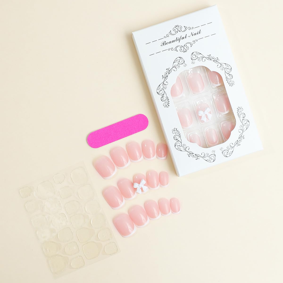 Pink Press on Nails Short Square Fake Nails White French Tip Full Cover Glue on Nails Solid Color Glossy Nude Pink Designs Cute False Nails Stick on Nails for Women Girls Acrylic Manicure Salon 24Pcs - Image 4
