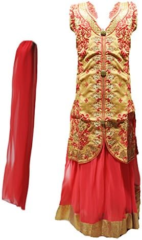Zaffron Girls' Designer Lehenga Sets 3 Pieces Indian Part Dress Set 3 to 13 Years Sizes (30 (8 Years), Gold and Coral Red)