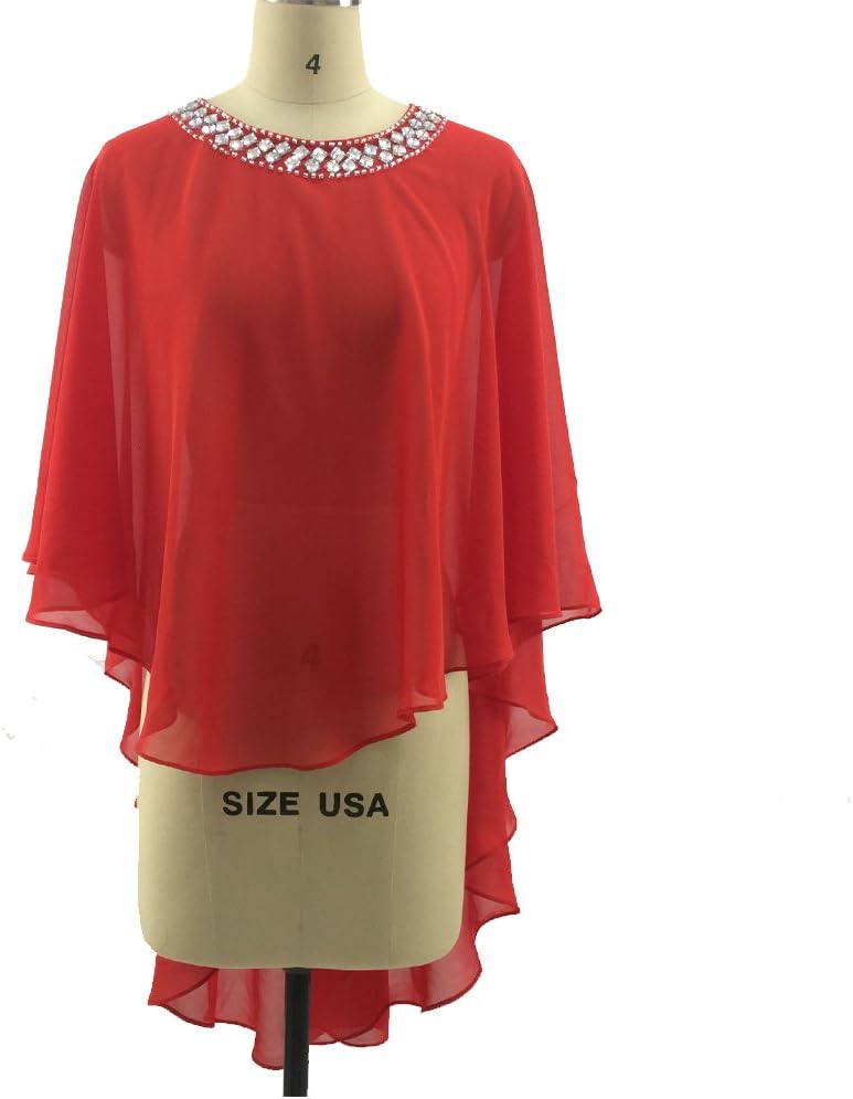 Flybridal Women's Chiffon Soft Shawls Wedding Prtty Wraps Prom Buttons Caps with Beading XXXL Red