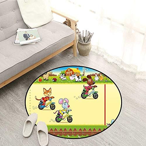 Kids Living Room Mat Racing Mouse Cat and Dog on The Bike in Farm with Animal Comic Caricature Illustration Super Absorbs Mud 5'3" Multicolor