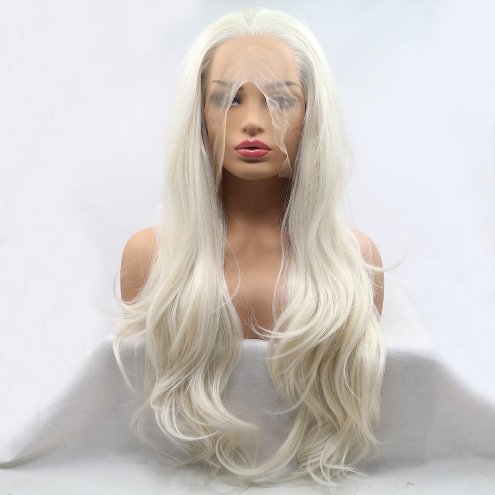 Xiweiya Long Curly 60# Blonde White Hair Lace Wig 13x3 Lace Hand Tied Platinum Blonde Lace Front Wig White Queen Cosplay Wig with Heat Resistant Fiber for Women, Drag Queen Makeup Wear 24inches — image 1