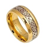 9mm - Man or Ladies - Titanium Yellow Gold IP Plating Celtic Dragon Knot over Rosewood Inlay Wedding Band Ring