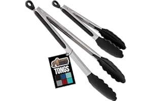 GORILLA GRIP Stainless Steel Heat Resistant Kitchen Tongs for Cooking, Set of 2 BBQ Tong, Non Scratch Silicone Tip for Pans, Strong Grip, Grab Food, Toss Salad, Air Fryer, Pull Lock, 7 + 9 Inch, Black