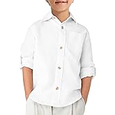 Haloumoning Boys Linen Button Down Dress Shirt Kids Long Sleeve Shirts Tops with Chest Pocket 5-14 Years