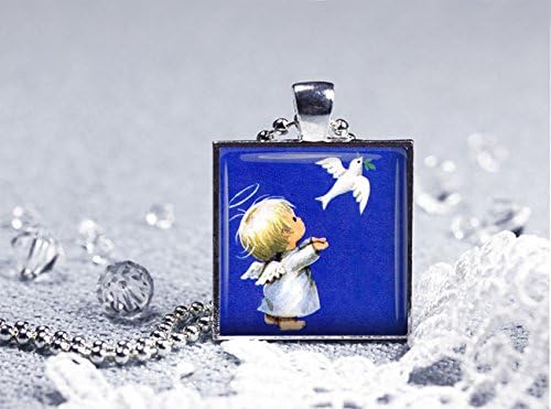 Angel Sending Peace Silver Bezel Square Glass Tile Pendant Necklace, Vintage Christmas Inspired Jewelry