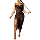 Women's Spaghetti Strap Satin Dress Sexy Backless Drawstring Ruched Split Hem Cocktail Evening Party
