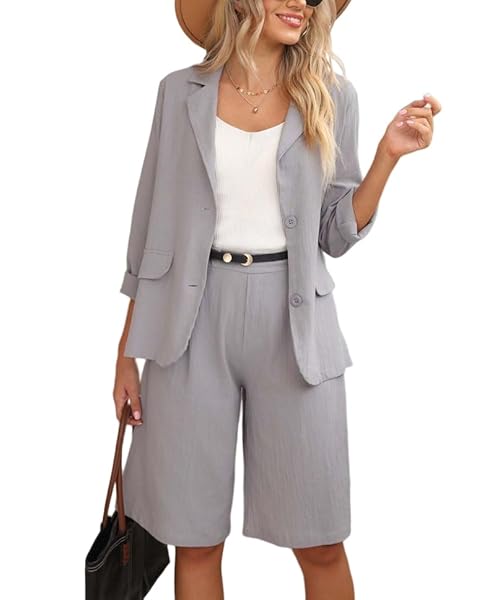CICY BELL WOMENS 2 PIECE OUTFITS CASUAL LONG SLEEVE BLAZER AND SHORTS WORK OFFICE SUIT SETS GRAY