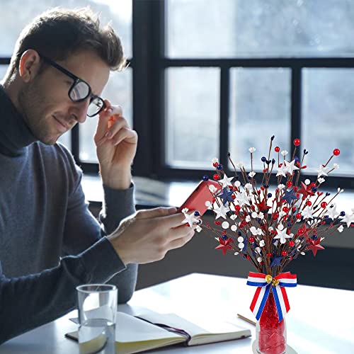 Shitailu 4 Pack Patriotic Artificial Berry Stem Picks White Blue Red Stars for 4th of July Independence Day, Pentagram Faux Berry Branches Decoration for Home Office Restaurant Vase Décor