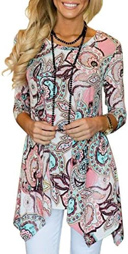 Women's 3/4 Sleeve Damask Floral Printed Tunic Tops with Pocket Casual Irregular Hem Asymmetrical Blouse T Shirt