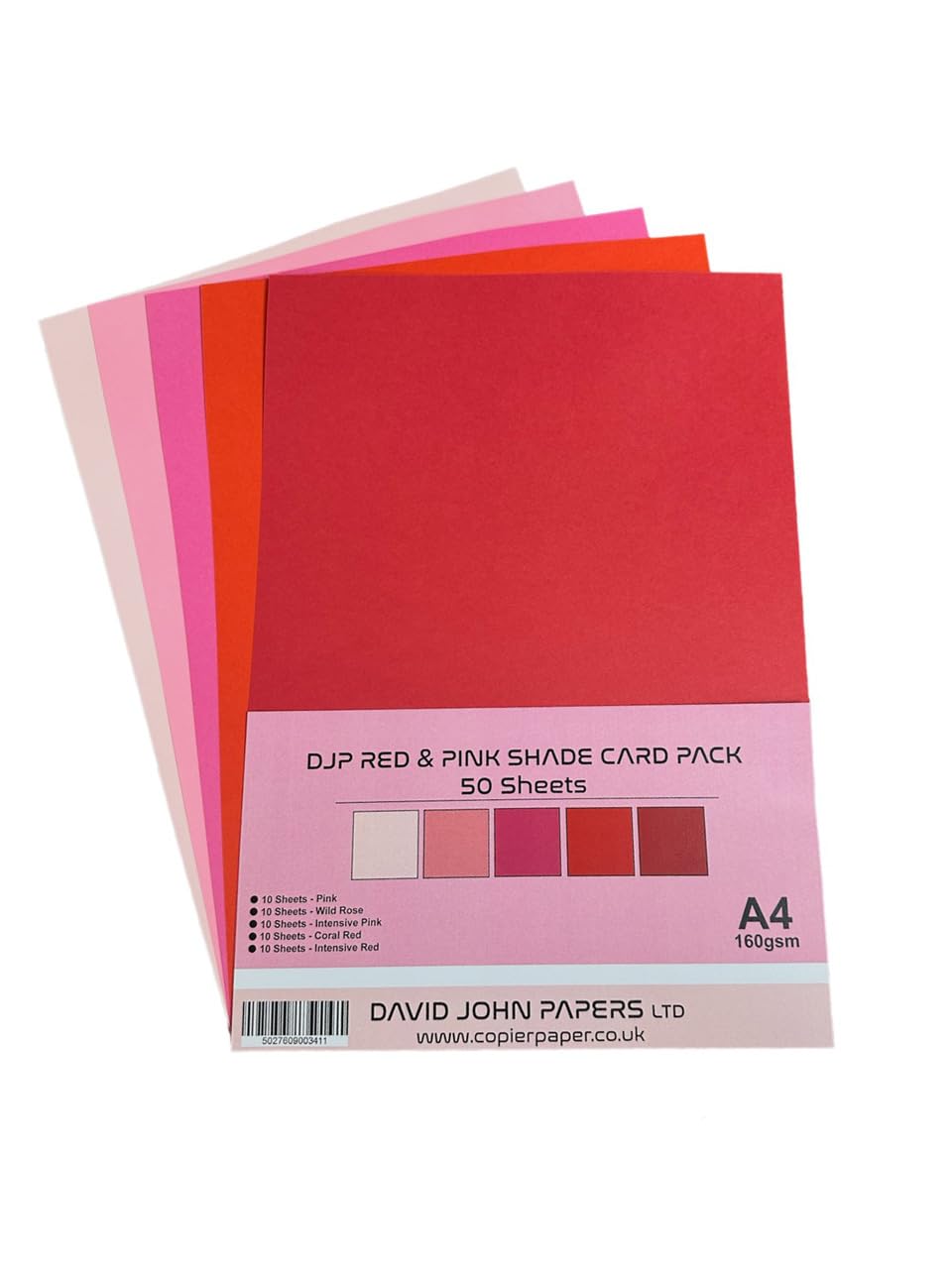 DJP 160GM Red & Pink Shade Tint Card Pack - 5 Colours, 50 Sheets - 10 Each Colour