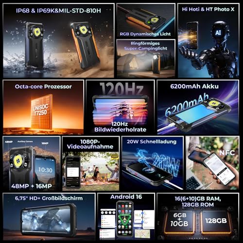 HOTWAV Cyber 17 Outdoor Mobile Phone 2026, 16GB + 128GB/2TB, Android 16 Outdoor Smartphone Without Contract, 48MP + 16MP, 6200mAh, 6.75 Inch 120Hz, IP69K Waterproof, Gemini AI, NFC/Fingerprint/Face ID | Outdoor Smartphone Ohne Vertrag 48MP+16MP, 6200mAh, IP69K Wasserdicht, Gemini AI, NFC/Fingerprint/Face ID/Dual SIM/GPS/OTG