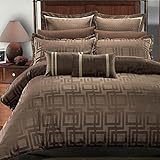 Deluxe & Rich contemporary Jacquard design in warm stylish tones Janet Comforter Set, Elegant and Contemporary bedding, 8 piece King / California King Size Comforter Set, charcoal brown and beige