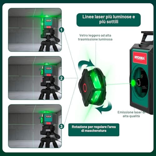 HYCHIKA Livella Laser Autolivellante 3x360°, Livello Laser con Treppiede, 2 x 3000mAh Batterie, 1 Cavo di Ricarica, 2 Borse in Tessuto e 1 Telecomando, IP54