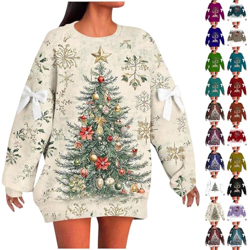 Christmas Jumpers for Women UK Xmas Tree Graphic Print Xmas Sweatshirts Winter Warm Women's Sweatshirt Pullover with Bowknot Sleeve Funny Graphic Holiday Tops Loose Fit Crew Neck Sweaters