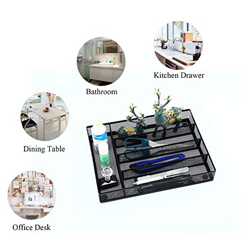 Ovicar Flatware Drawer Organizer, Metal Mesh Kitchen Cutlery Trays, Kitchen Utensil Silverware Storage with Foam Feet (5 Compartment, Black)