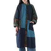 FioraMosaic Women's Quilted Color Block Patchwork Coat Vintage Long Trench Coat with Frog Buttons Pockets Warm Winter Jacket