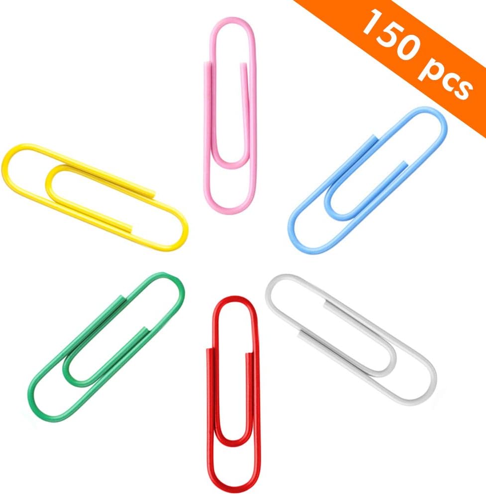 150PCS Professional Paper Clips, 1.1IN General Size Vinyl Coated Paperclips with 6 Assorted Colors in Storage Box, Rustproof & Nonskid Office Clips for Document Organizing and Classifying