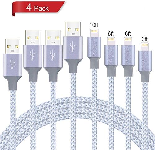 DEKEAN Phone Charger 4Pack 3FT 6FT 6FT 10FT Nylon Braided USB Cable & Syncing Cord Compatible Phone Charger X/8/8Plus/7/7Plus/6S/6S Plus/(Grey&White) (4Packs)