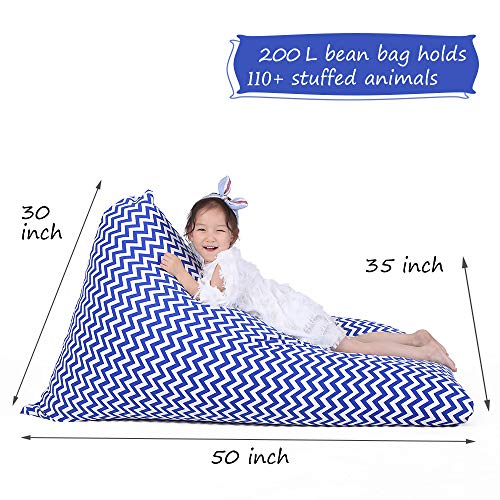 Stuffed Animal Bean Bag Storage for Kids and Adults. Premium Canvas Bean Bag Chair Cover - Cover ONLY(Chevron Print Blue 200L/52 Gal) - Thumbnail 4