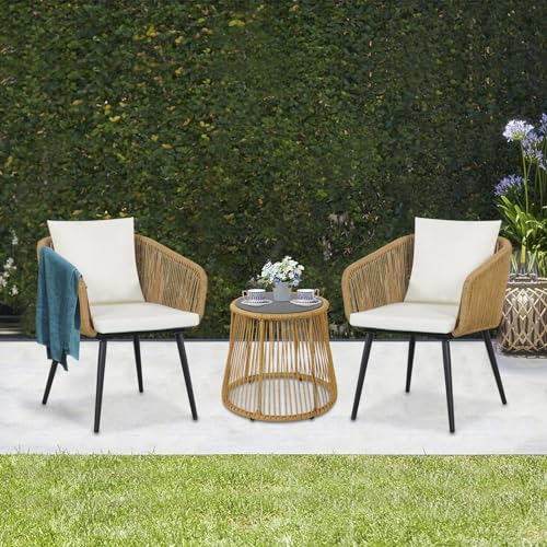 YIYAN 3 Piece Patio Bistro Set, Wicker Outdoor Patio Set with Enhanced Comfort Seating, Round Glass Top Coffee Side Table, Patio Rattan Conversation Set for Balcony, Lawn, Garden, Backyard (White)