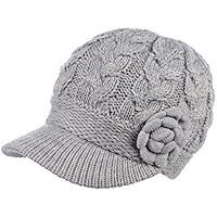 BYOS Womens Winter Warm Fleece Lined Knitted Beret Beanie Hat Cap w/Visor Peak (Cable w/Flower Gray)