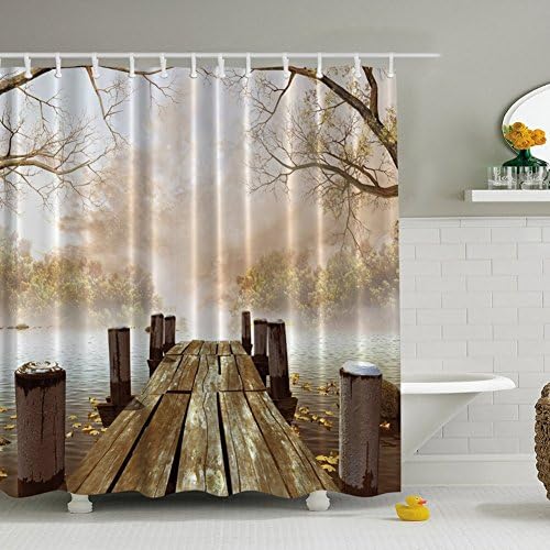 Uforme Retro Shower Curtain Wood Bridge Ocean Theme Fabric Bathroom Curtain Anti-mildews and Water Repellent with Rings, Khaki/ Brown/ Beige, 72Wx72H