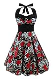 L&ZZ Women's Skull Printed Backless Swing Midi Dress Floral Print Halter Cocktail Dress Plus Size