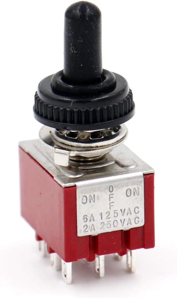 Heschen Miniature Toggle Switch MTS-303 ON-OFF-ON 3PDT 9 Pin, 2A 250V, 5A 125V, with Waterproof Cover, Pack of 2