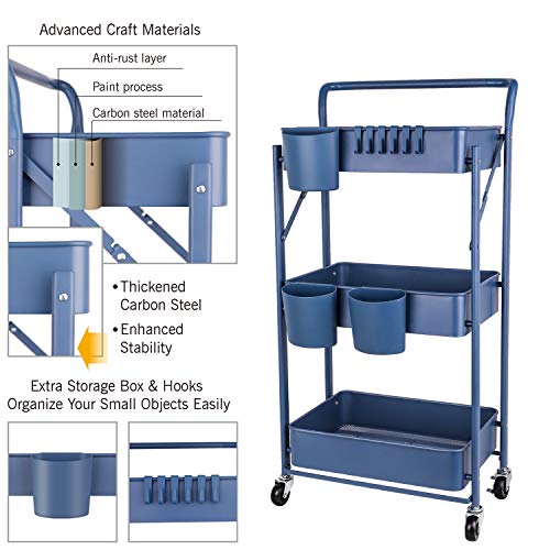 DTK 3 Tier Foldable Rolling Utility Cart, Folding Metal Utility Cart