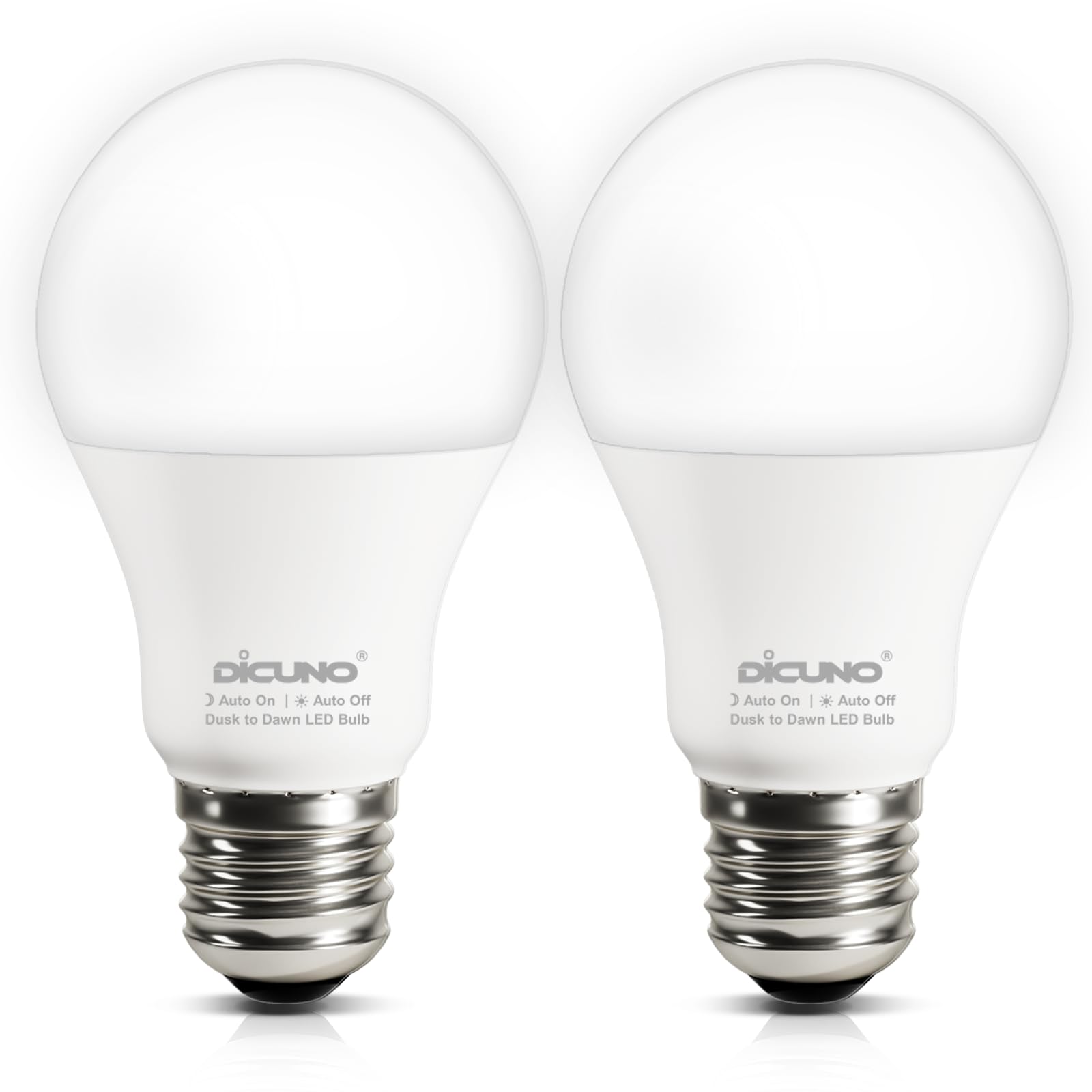 DiCUNO Dusk to Dawn Sensor Bulb E27, 60W Equivalent, 5000K, 9W 800LM, Automatic On/Off Energy Saving Light for Porch, Garage, Non-dimmable, 2 Pcs