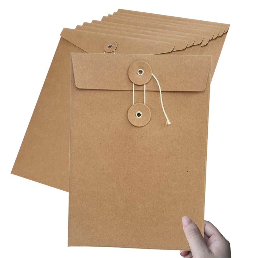 10Pcs A4 Kraft Paper File Folder Browm Filing Envelope Folder Project Document Folder with String Closure Presentation Holder Letter Organizer Bag Pouch Project Report Pocket Paperwork Organizer