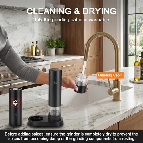 srml Rechargeable Electric Salt and Pepper Grinder Set with 4 Adjustable Coarseness, USB-C Automatic Pepper Mill Spice Grinder with Ceramic Grinding Core, Dust Cover and Base for Home Kitchen BBQ