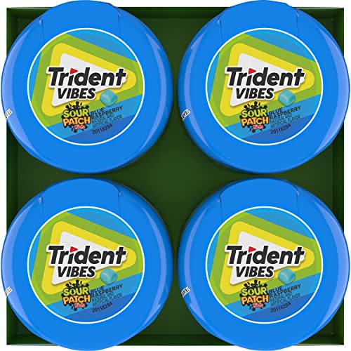 TRIDENT VIBES SOUR PATCH KIDS BLUE RASPBERRY SUGAR-FREE CHEWING GUM, 4 BOTTLES OF 40 PIECES (160 TOTAL PIECES)