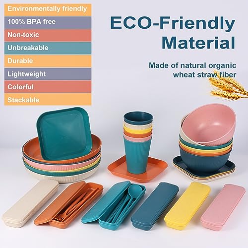 Hutuzldz Wheat Straw Dinnerware Sets, Kids Plates and Bowls Sets, Plastic Unbreakable Microwave Dishwasher Safe Tableware, Lightweight Reusable Kitchen Set Travel Camping RV Dishes
