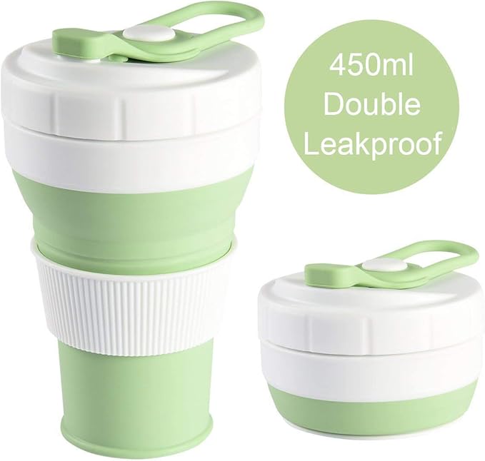 Upgraded Collapsible Silicone Coffee Cup,Leakproof 16oz 450ml BPA Free