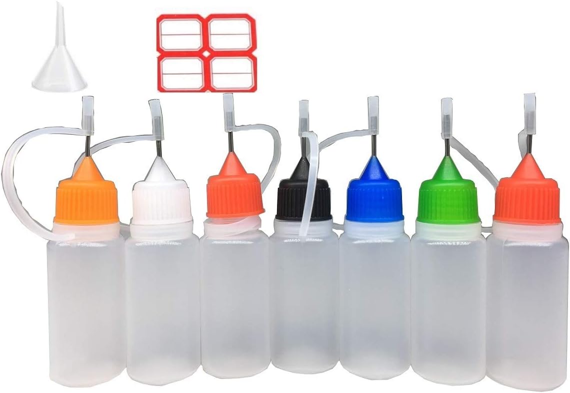 10 X 10ml Pack Needle Eliquid Dripper Bottles with Funnel and Labels, Soft Squeezable Empty semitransparent LDPE Plastic containers for DIY vape oil paint Liquid E Cigarette E-Juice – Mix Colors