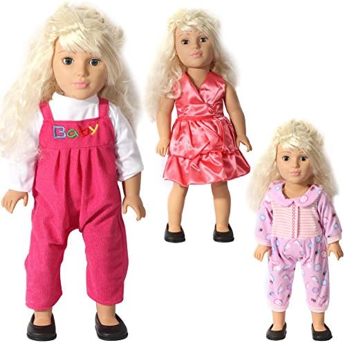 Doll Clothes Fits 18 Inches American Girl Dolls Pink dress, a long-sleeved jacket and suspender pants, a one-piece pajamas pack of 3