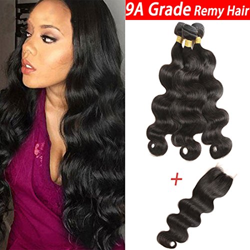 Brazilian Virgin Hair Body Wave 3 Bundles with Closure Free Part,9A Grade Unprocessed Human Hair Remy Hair Bundles with 4x4 Lace Closure Natural Color (12"14"16"+10"Closure)