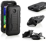 Moto E Case, RANZ Black Rugged Impact Armor Hybrid Kickstand Cover with Belt Clip Holster Case For Motorola Moto E (1st Generation)