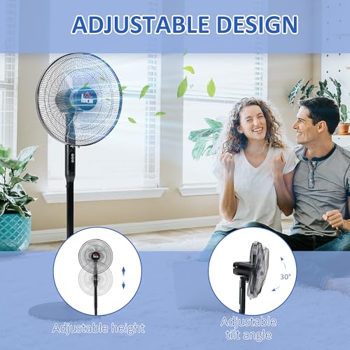 HOMCOM 16" Pedestal Fan with Remote, LED Control Panel, Tilted Head, Black | Standing Floor Fan with Height Adjustable, Timer, Oscillating, Bedroom