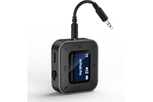 Ainostone Bluetooth 5.3 Transmitter Receiver Supports up to 2 BT Device for Airplane to Wireless Headphones LCD Display Low Latency Audio Adapter for MP3 Player Car Speaker Old Stereo Gym w/3.5mm Aux