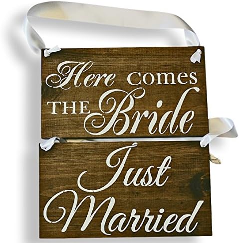 Reversible Here Comes The Bride Sign Double Sided Just Married Rustic Wedding Wood Sign Wooden Signs (Dark Walnut - White Ribbon)