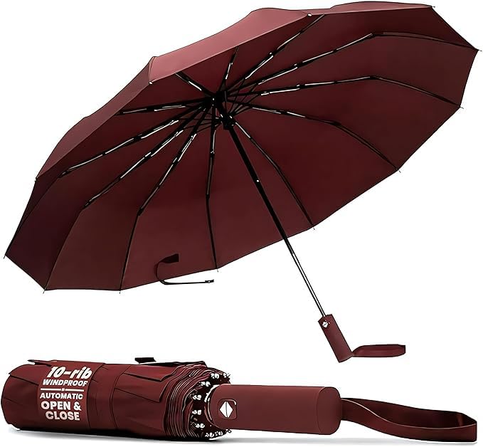 TANNESS Windproof Umbrella – 10-Rib Waterproof & Compact with Automatic Open/Close Function and Ergonomic Handle – Folding Mini - Strong for Wind and Rain (Red)